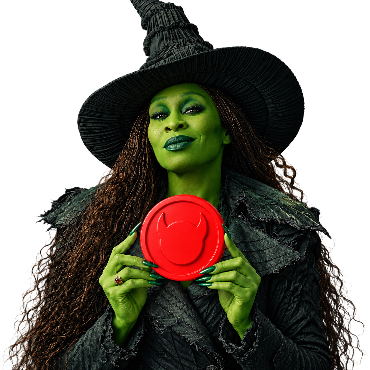 Mitsuko Harada in a witch hat holding a red disc